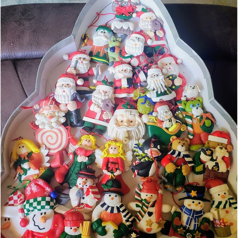 29 Vtg Christmas Cookie Clay Dough Ornament Hanger Santa Snowman Angel 3"-4"
